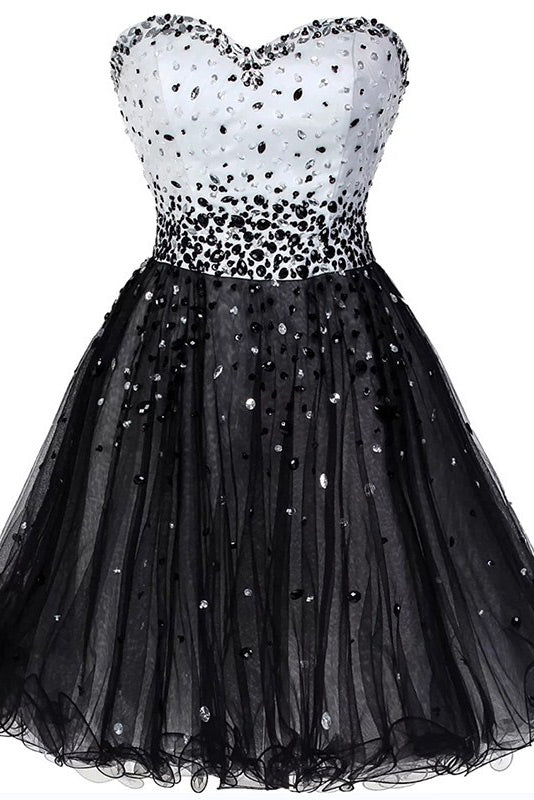 White and Black Strapless Beaded Homecoming Dress for Sparkling Elegance