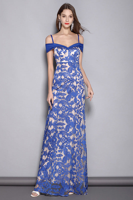 Elegant Off Shoulder Blue Lace Formal Dress for Feminine Elegance