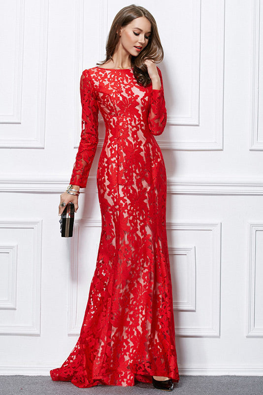 Red Lace Long Sleeve Prom Gown for Romantic Elegance