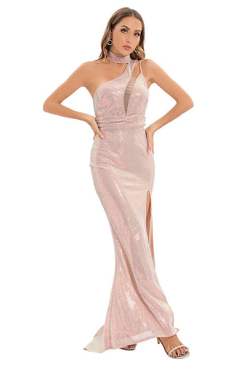 Long Pink High Neck Slit Prom Dresses for Elegant Silhouettes