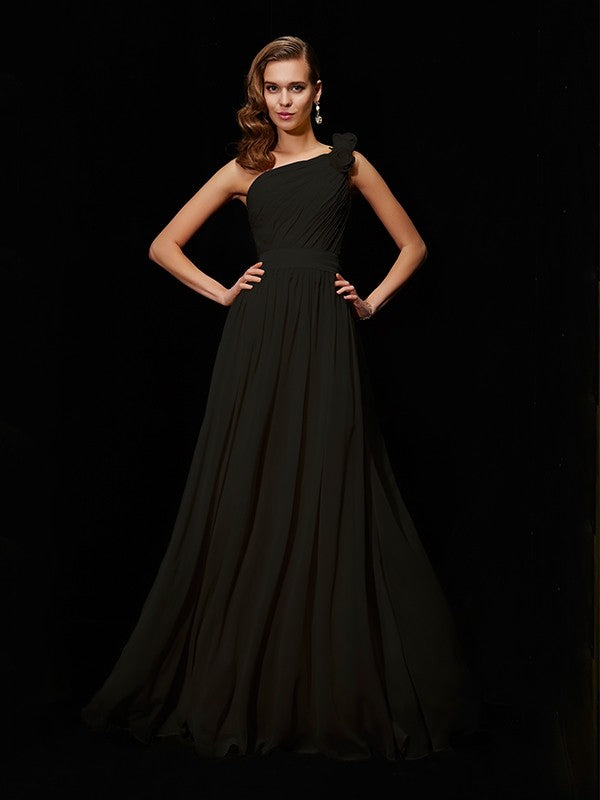 Classy One-Shoulders Hand-Made Flower Long Chiffon Bridesmaid Dress