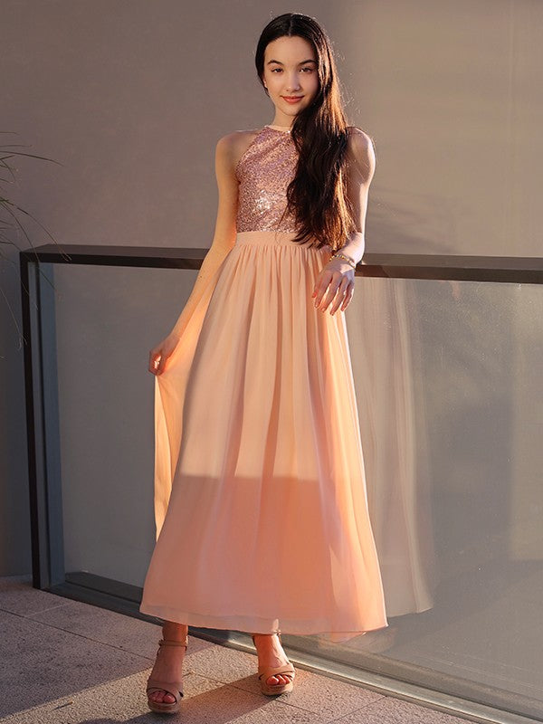 Amazing Chiffon Sequin Scoop Sleeveless Ankle-Length Junior Bridesmaid