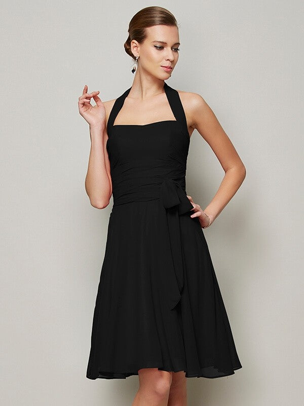 Charming Halter Sleeveless Pleats Bowknot Short Chiffon Bridesmaid