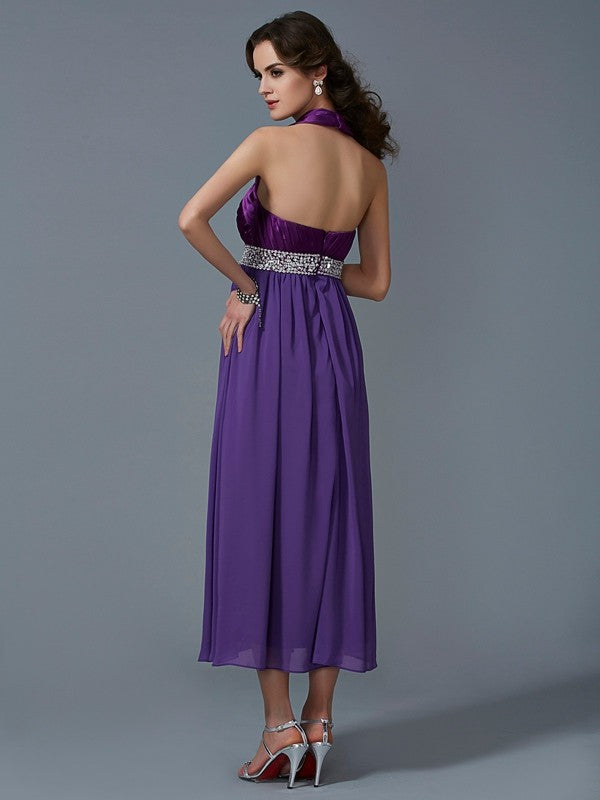 Charming Halter Sleeveless Beading Long Chiffon Bridesmaids