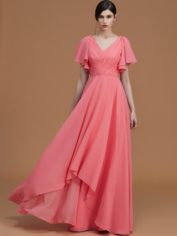 V-Neck Elegant Short Sleeves Ruched Chiffon Bridesmaid Gowns