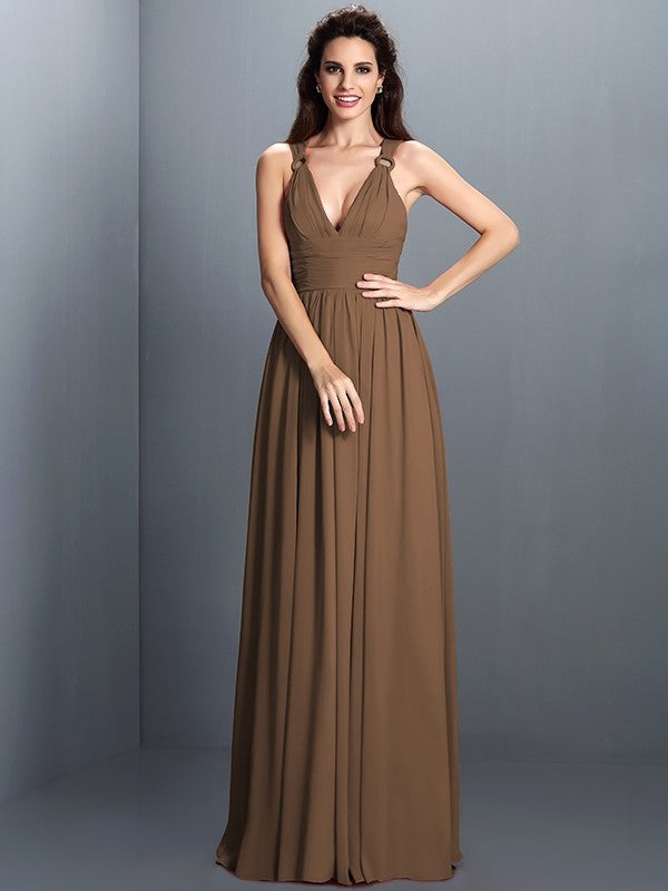 V-Neck Elegant Pleats Sleeveless Long Chiffon Bridesmaids