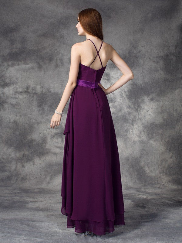 Charming Halter Ruffles High Low Chiffon Sleeveless Bridesmaids