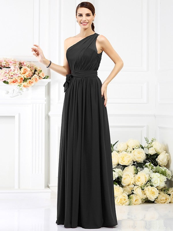 Charming Sash/Ribbon/Belt One-Shoulder Long Chiffon Bridesmaids