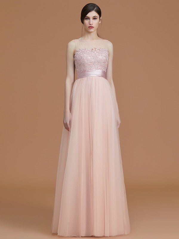 Modern Bateau Applique Tulle Sleeveless Bridesmaid Dresses