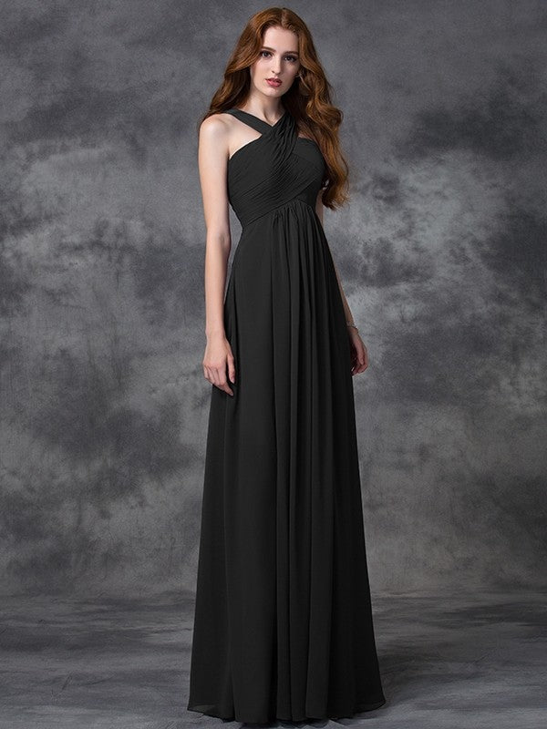 Charming Straps Ruched Sleeveless Long Chiffon Bridesmaid Gowns