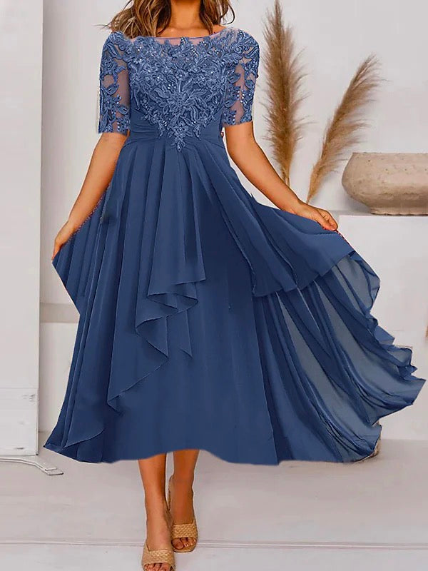 Elegant Short Sleeve Chiffon Lace Midi Dress for Delicate Elegance