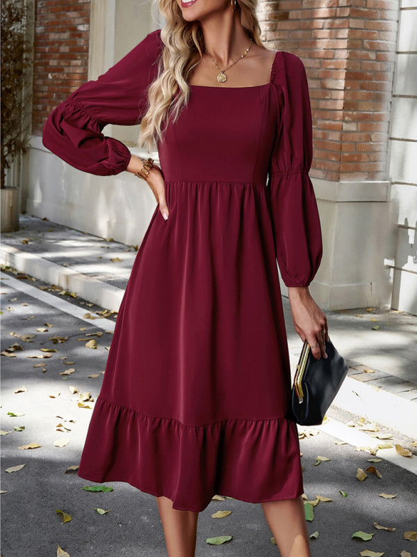 Women's Solid Color Square Neck Long Sleeve Elegant Dress