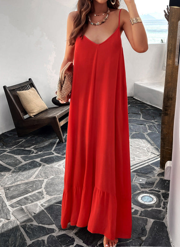 Elegant Solid Color Loose Suspender Style Dress