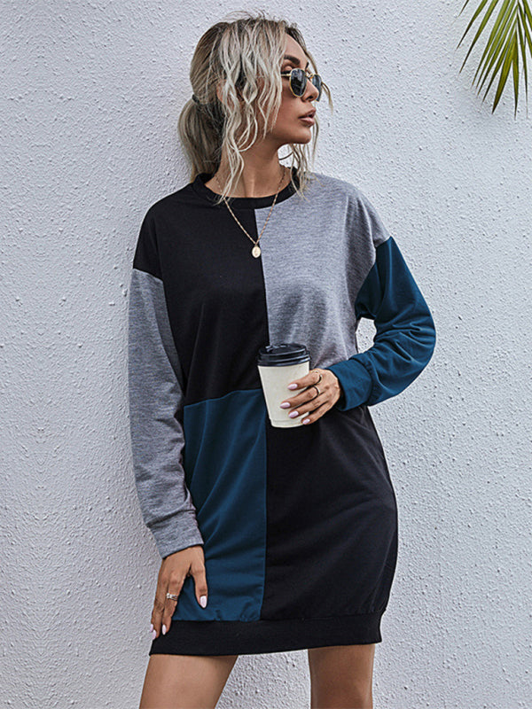 Long-Sleeved Color Block Casual Round Neck Sweater Dress