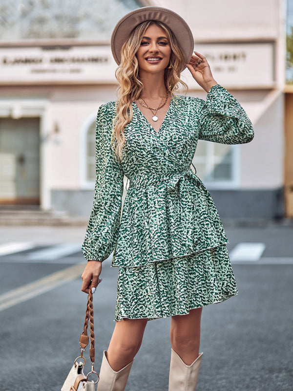 Printed V-Neck Tie Waist Long-Sleeved Dress