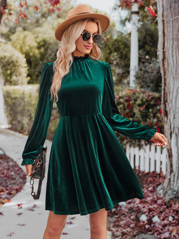 Turtleneck Velvet Solid Color Waist Dress