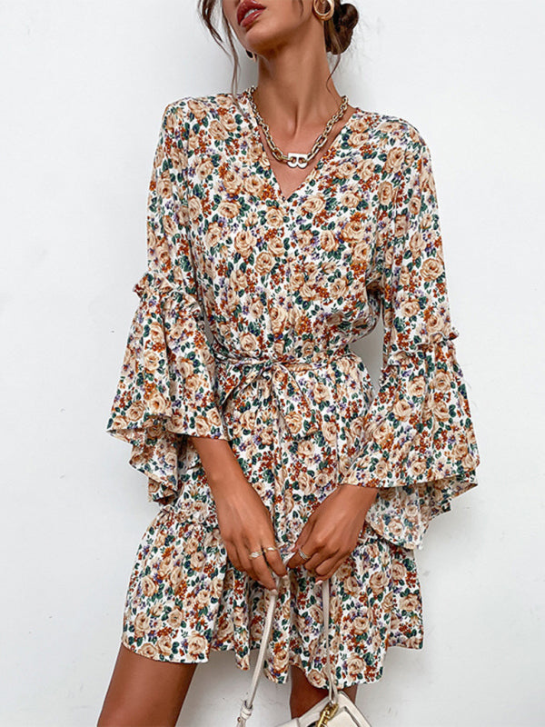 V-Neck Printed Early Autumn Long-Sleeved Dress