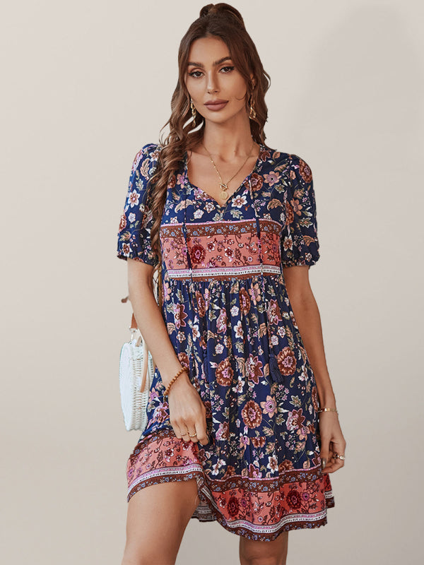 Women's Woven V-Neck Open Back Bohemian Dress