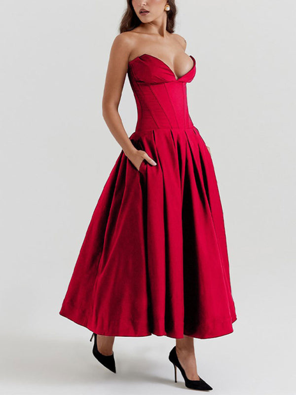 Solid Color Pleated Umbrella Skirt Party Dress