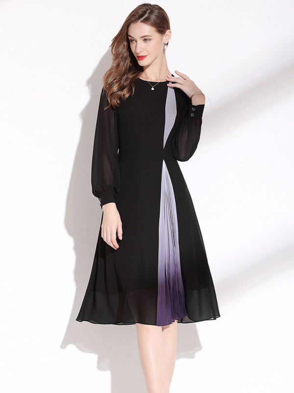 Round Neck Long Sleeve Chiffon Dress