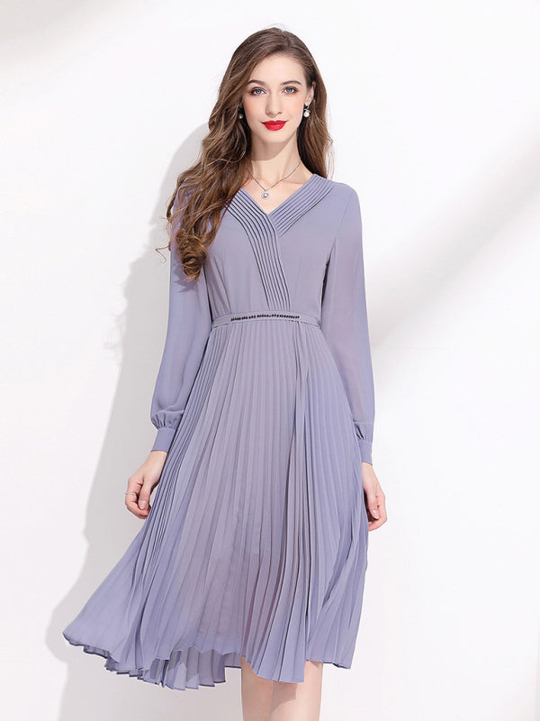 V-Neck Pleated Midi Length Party Dress