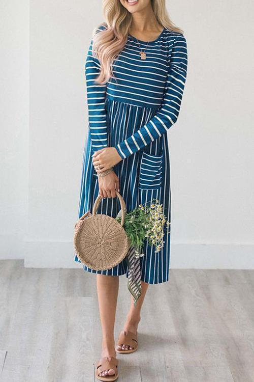 Pockets Striped Mid Calf Dress for Comfort and Style