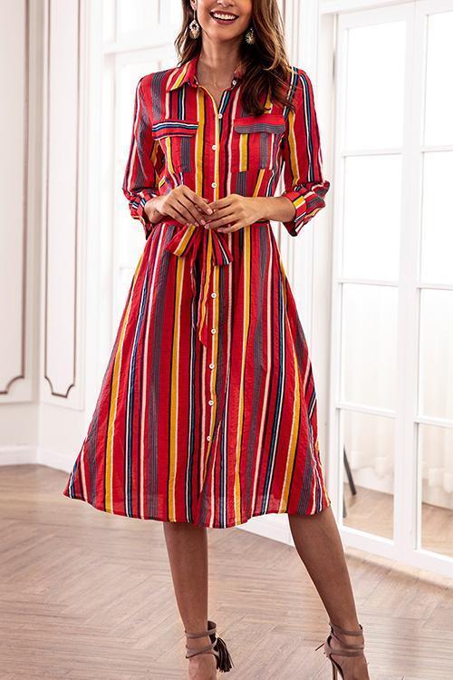 Colorful Striped Long Sleeve Shirt Style Dress