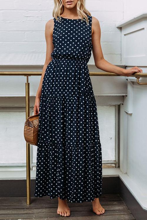 Fashionable Dotted Navy Blue Maxi Dress for Elegance