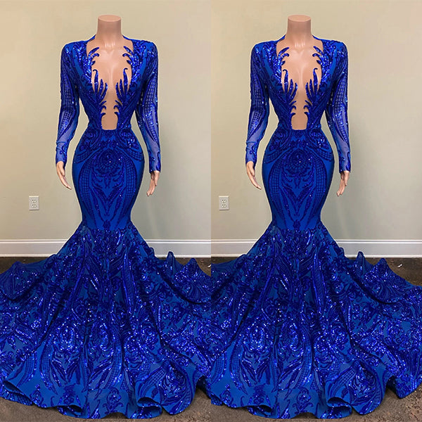 Royal Blue Long Sleeves Sequins Mermaid Party Prom Gown