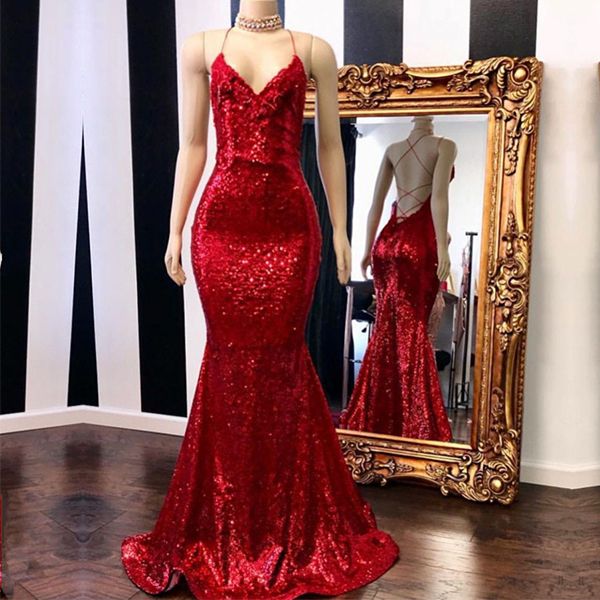 Spaghetti-Straps V-Neck Sequins Mermaid Prom Dress with Appliques