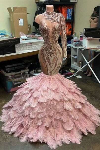 Long Sleeves Dusty Pink Feathered Mermaid Prom Dress