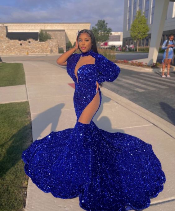 Royal Blue Long Sleeves Sequins Mermaid Prom Dress