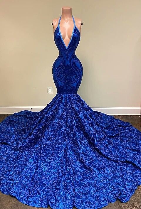 Royal Blue V-Neck Sleeveless Sequins Mermaid Prom Dress