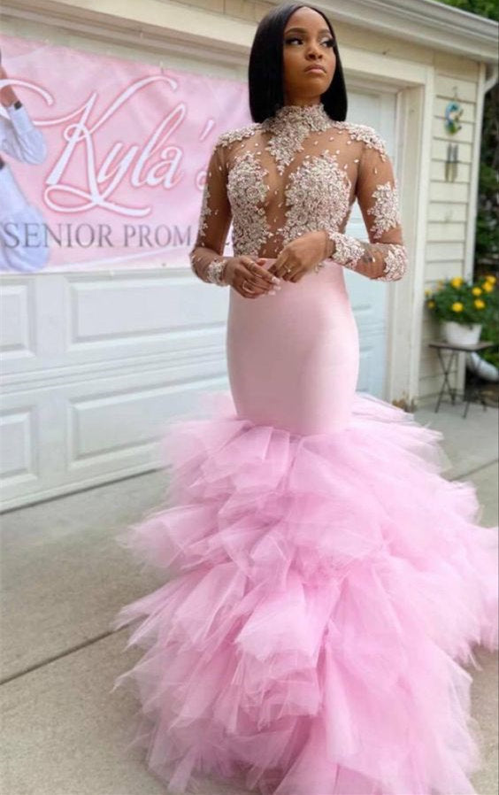 Pink Long Sleeves Tulle Ruffles Appliques Mermaid Prom Dress