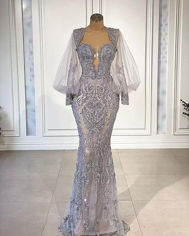 Newinlook Silver Long Sleeves Appliques Mermaid Evening Dress