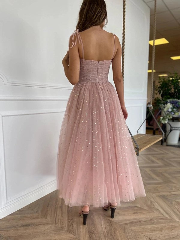 Straps Tulle Dusty Pink Short Sequins Prom Dress