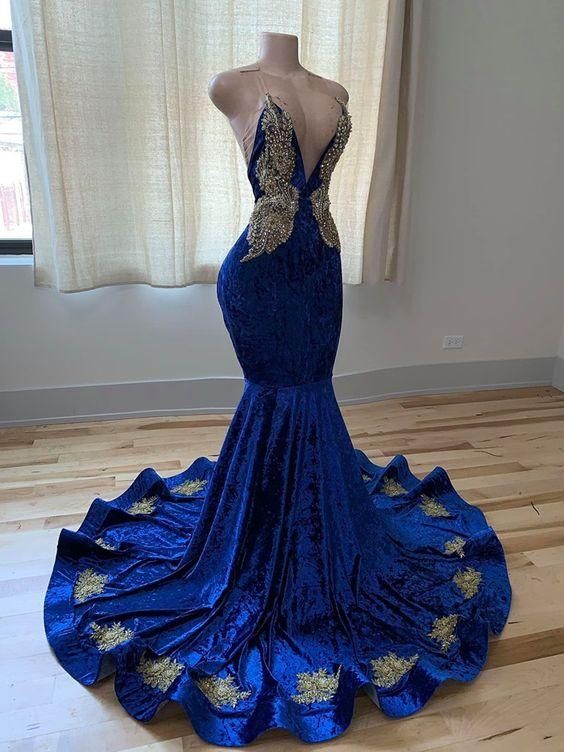 Royal Blue Sleeveless Appliques Mermaid Prom Dress