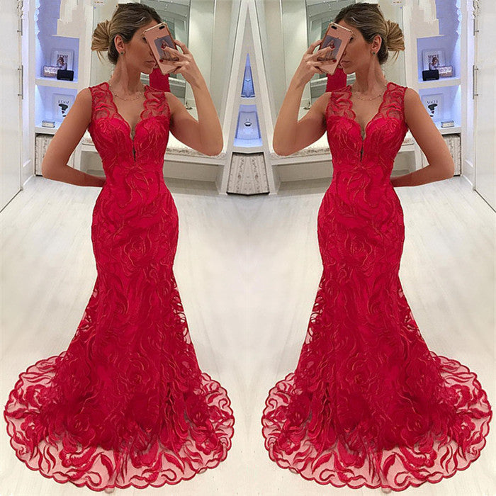 Red Sleeveless Lace Mermaid Prom Evening Gowns