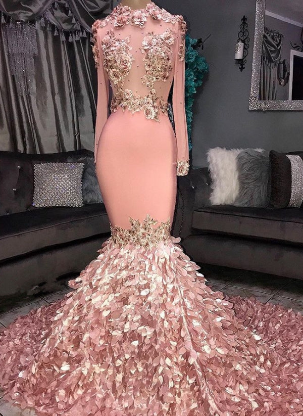 Pink Long Sleeves Appliques Mermaid Prom Dress