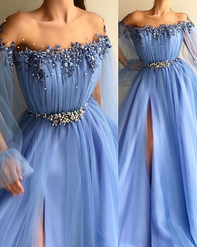 Off-the-Shoulder Long Sleeve Split Beads Prom Dress