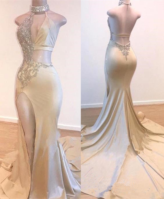 Champagne Sleeveless Backless Split Mermaid Prom Dress