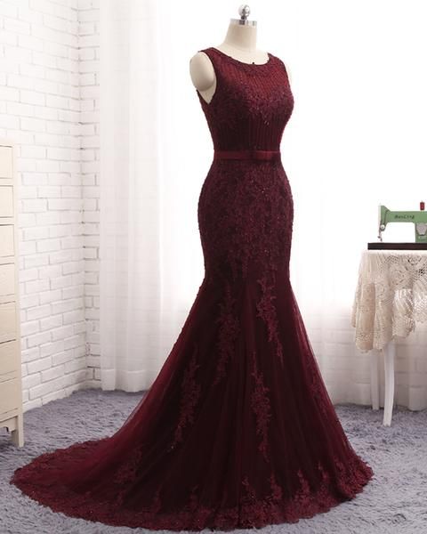 Gorgeous Burgundy Lace Appliques Mermaid Prom Dress