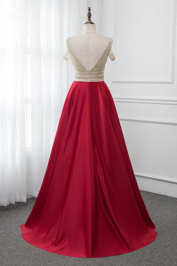 Glamorous V-Neck Rhinestone Cold Sleeves Burgundy Mermaid Prom Dress