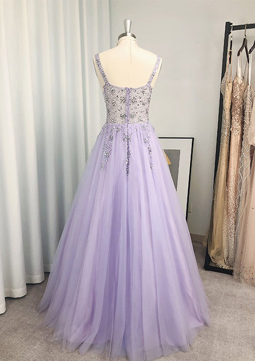 Elegant V-Neck Long Tulle Prom Dress with Beading and Sequins