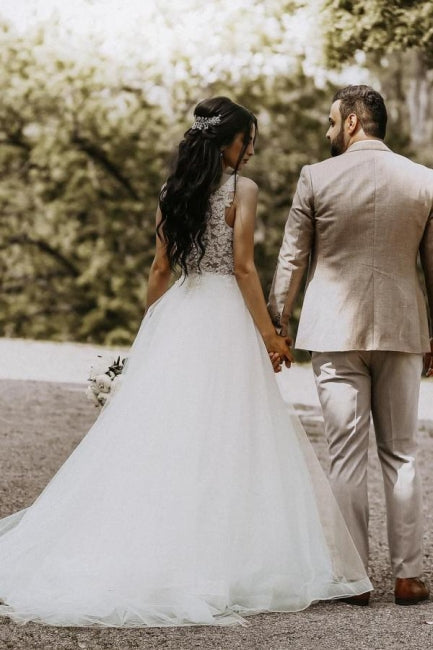 White V-Neck Tulle Wedding Dress - Bridal Gowns in A-Line Style