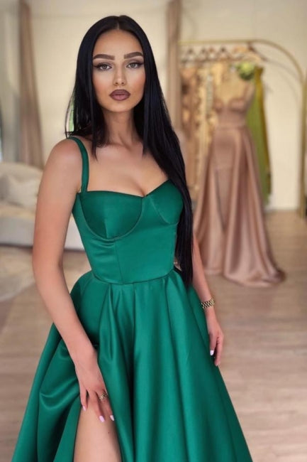 Green Shiny Elastic Satin A-Line Prom Dress with Front Split and Court Train