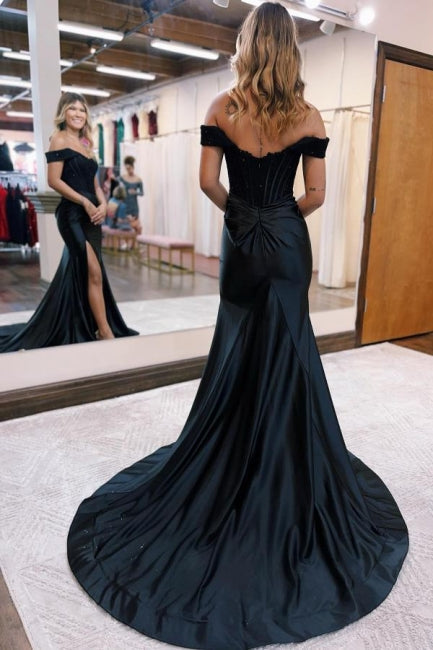 Black Off the Shoulder High Split Mermaid Prom Dress for Elegance