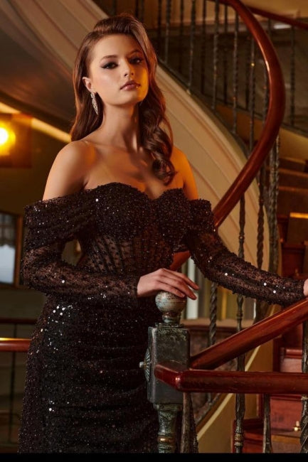 Strapless Floor-Length Black Front Split Unique Prom Dress with Beadings