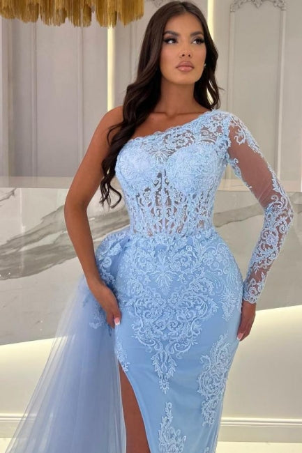 Designer Long Column Sky Blue One Shoulder Floor-Length Split Front Tulle Lace Prom Dress with Long Sleeves