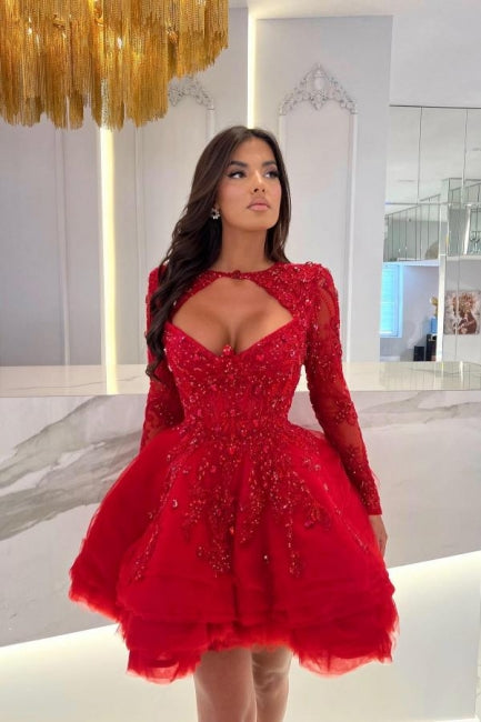 Gorgeous Long Red Mini A-Line Appliques Ruffles Halter Prom Dress with Long Sleeves